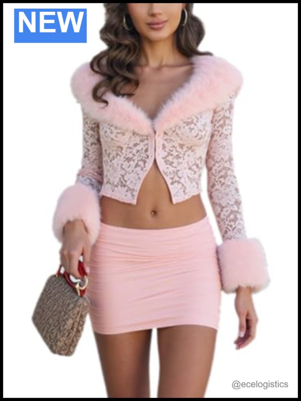 Women's 2 Piece Faux Fur Trim Lace See Through Crop Top & Skirt Set Club Date